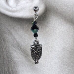 Handcrafted Black Beads with Drop Dangling Silver Tone Owl Pendant Post Earrings